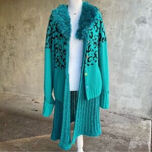 Upcycled Funky Teal Leopard Print Long Cardigan
